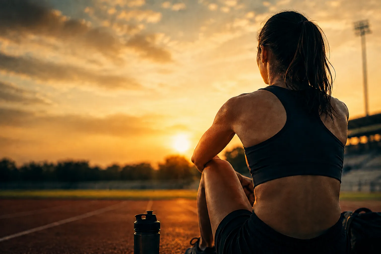 Atleta em uma pista ao pôr do sol, em um momento de pausa e continuidade esportiva