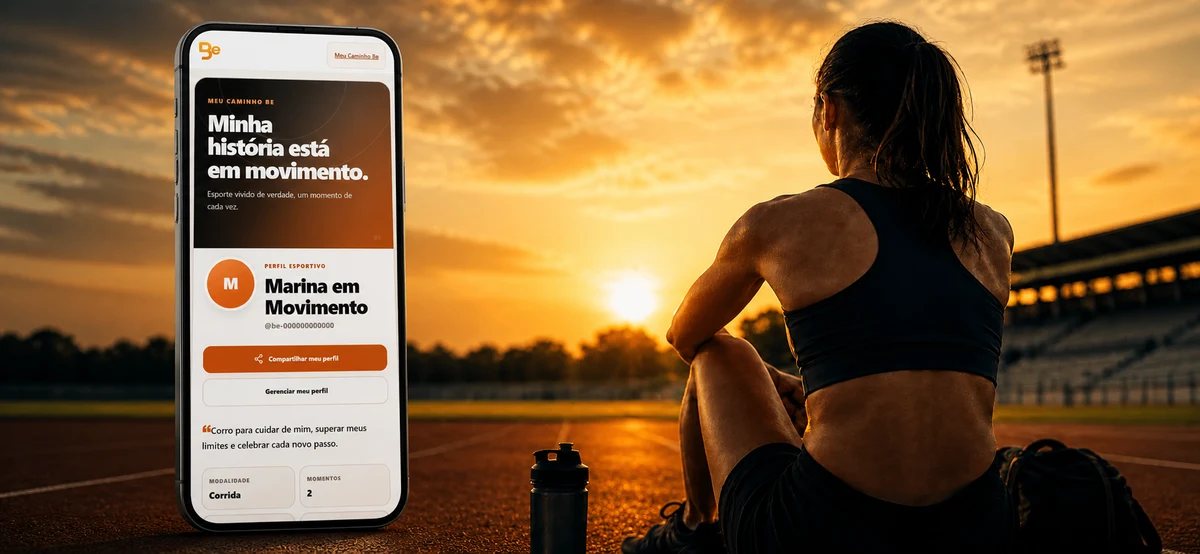 Atleta ao pôr do sol ao lado de um celular com o perfil do Meu Diário BE